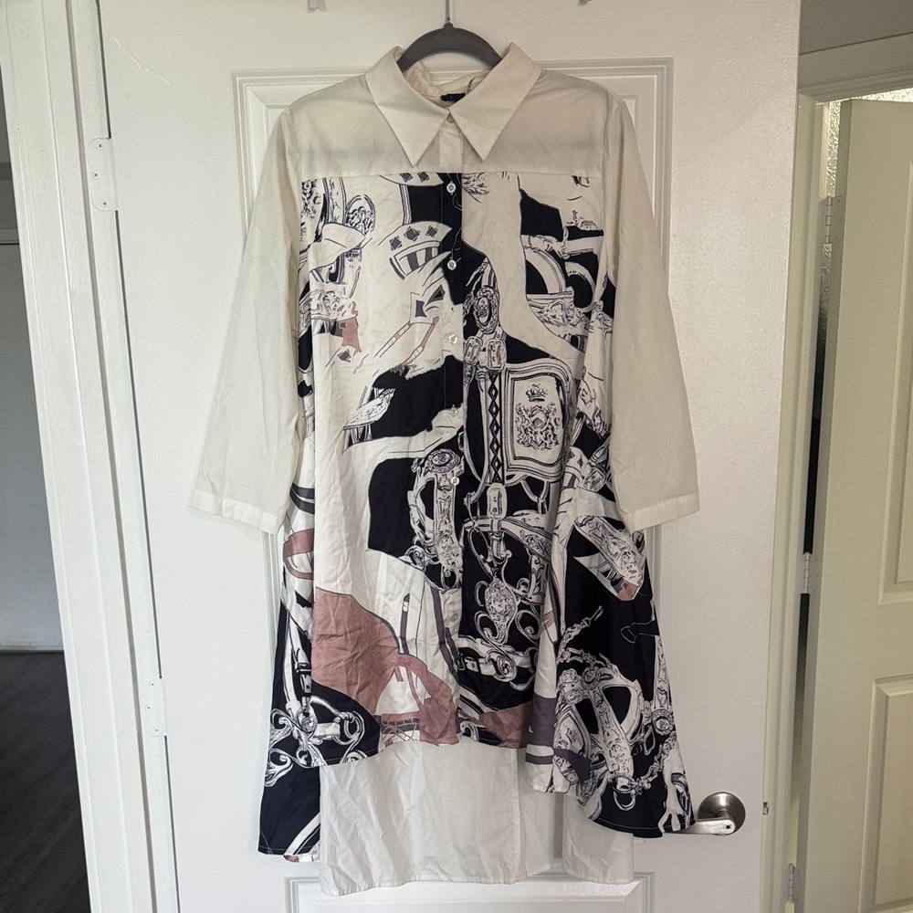 Women's Printed Collared Shirt Dress - Cream, Black & Brown